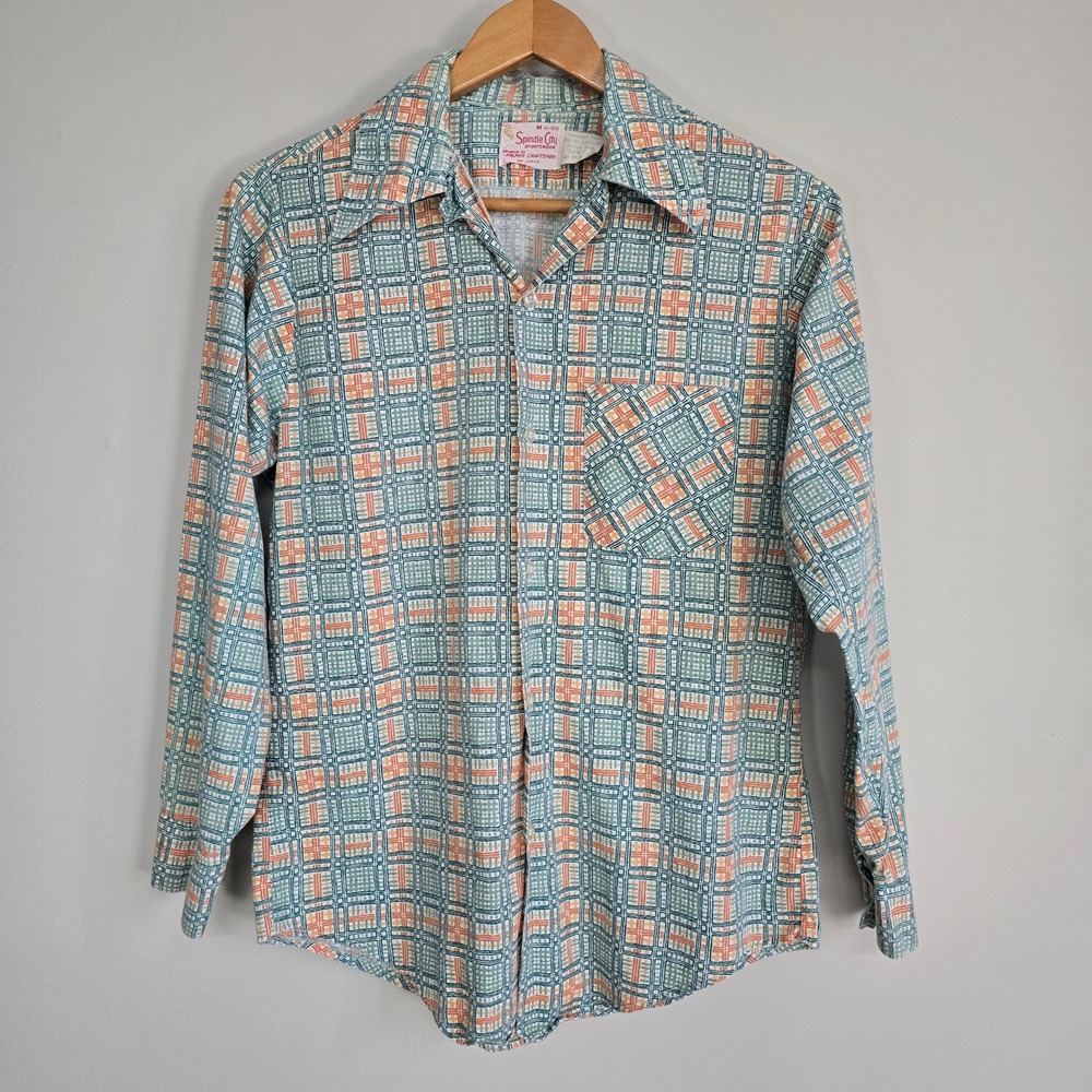 Vintage Spindle City Plaid Button Down Mens M Green Orange Geometric 70s Retro